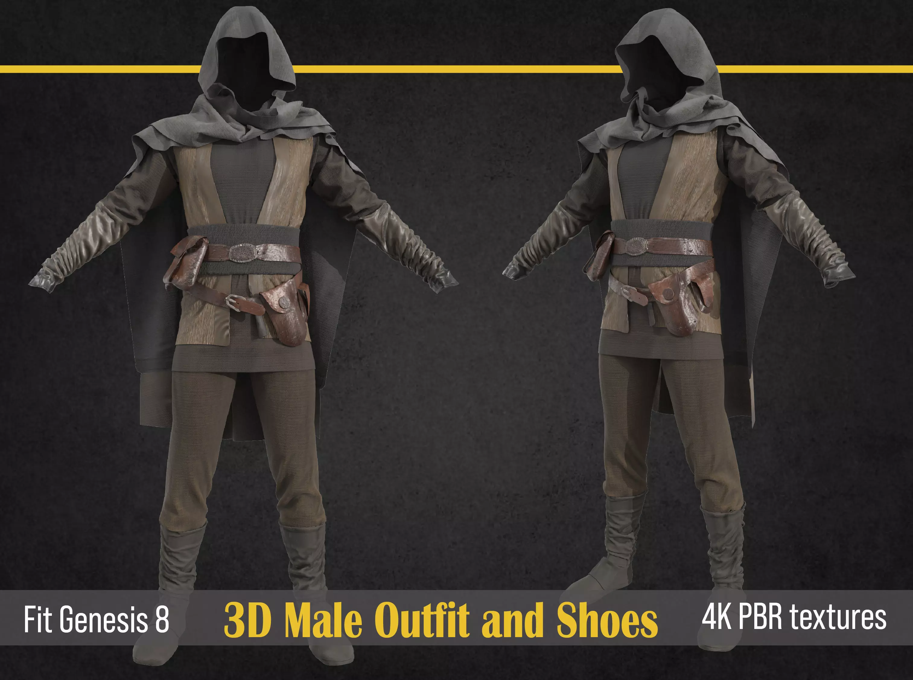 Medieval male outfit character clothing and shoes 3D model_0