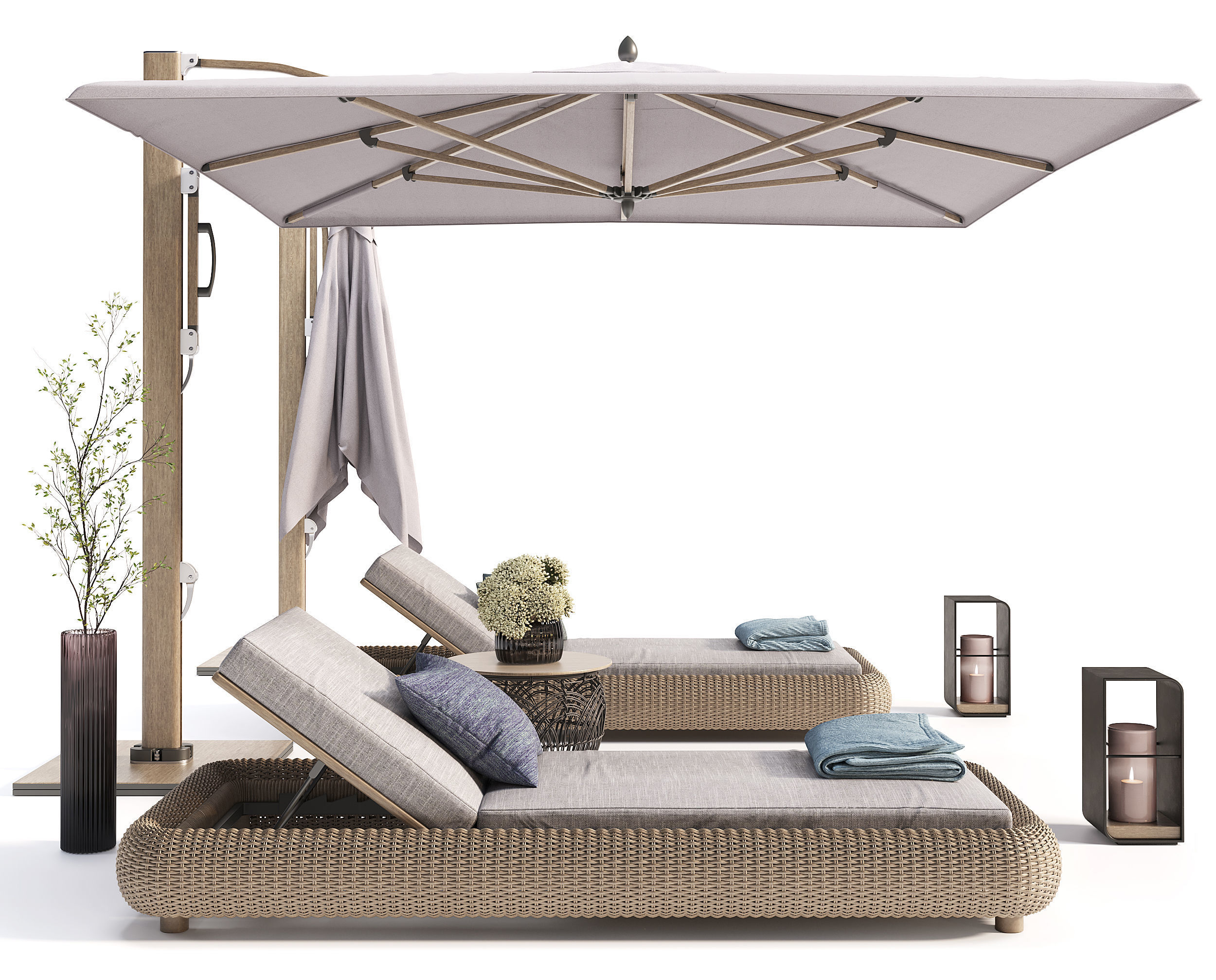 Lounger with Cantilever Umbrella 3D model_1