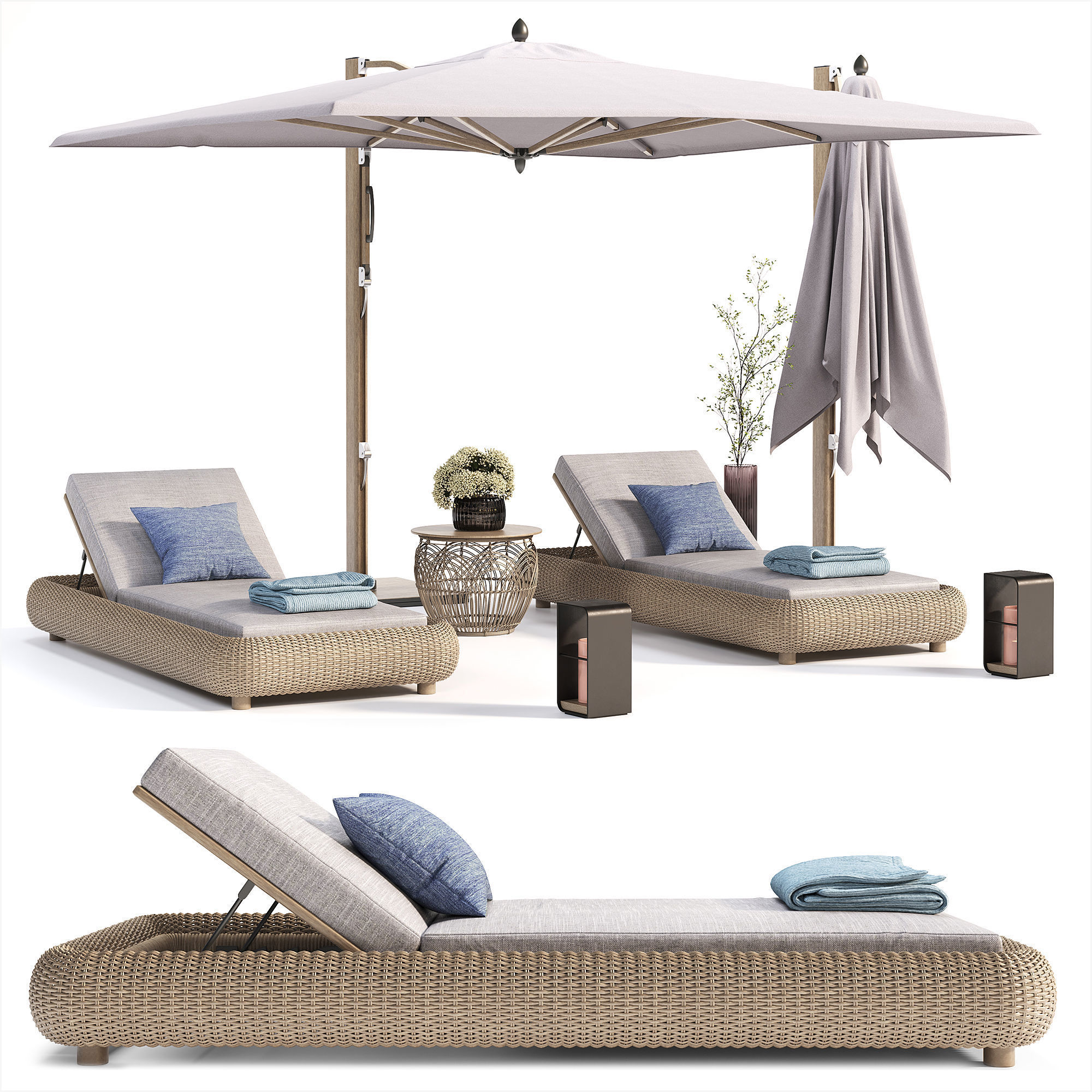 Lounger with Cantilever Umbrella 3D model_2