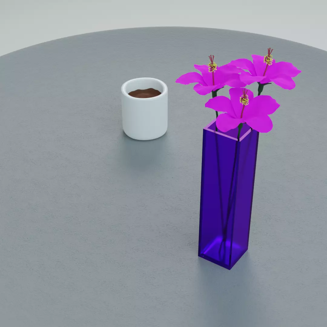 Table with a coffee and flowers Free 3D model_0