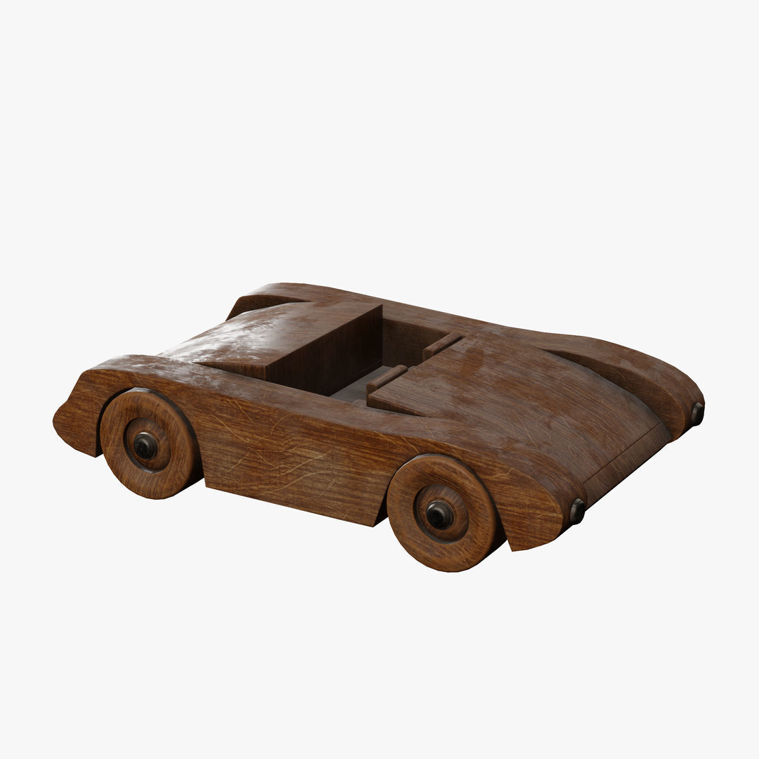 Old wooden toy sports car 3D model_5