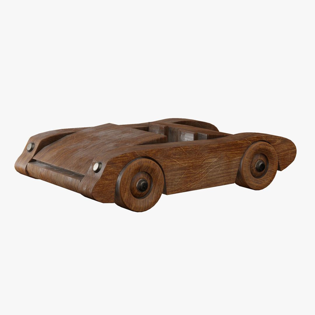 Old wooden toy sports car 3D model_2
