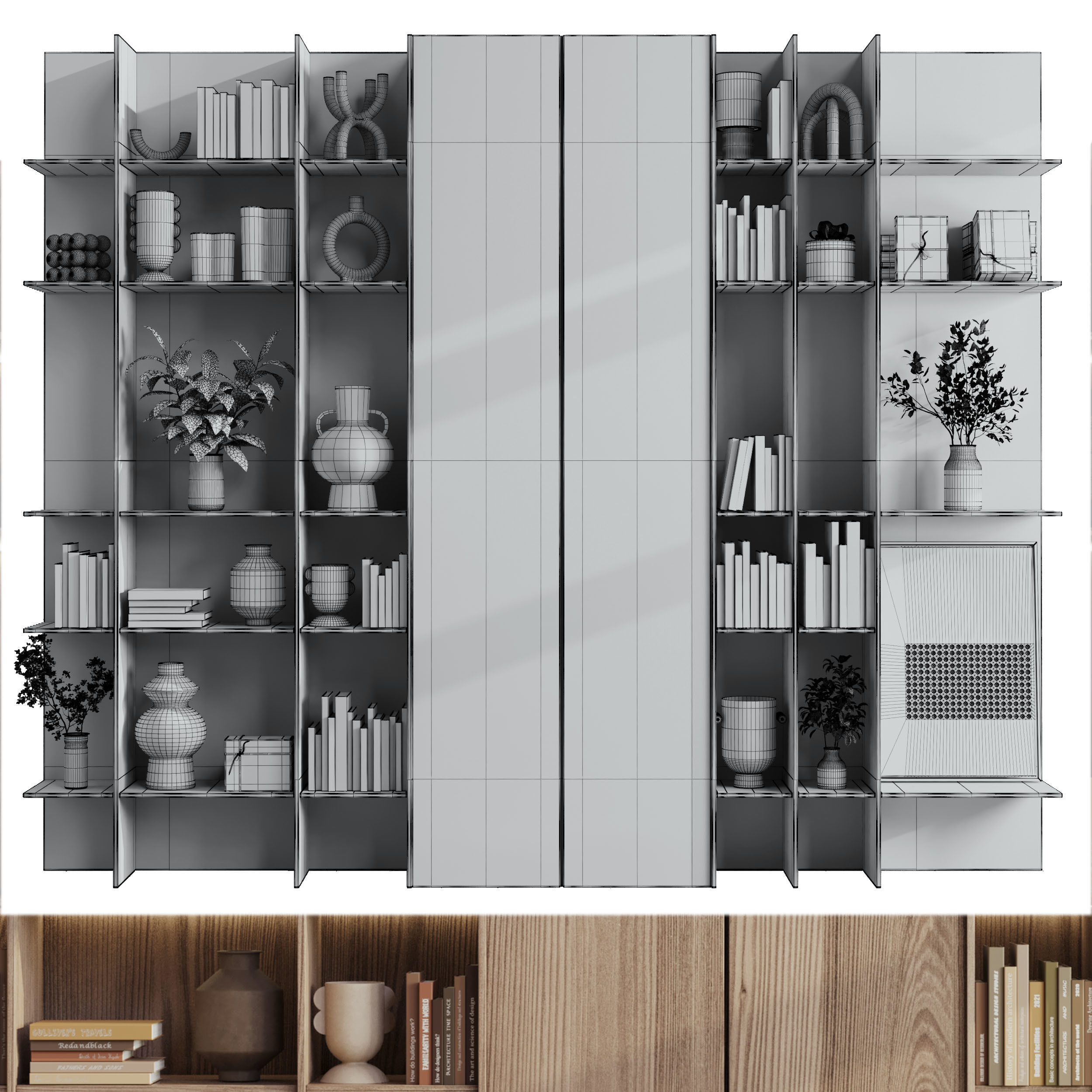 wooden Shelves Decorative With Plants and Book Low-poly 3D model_6