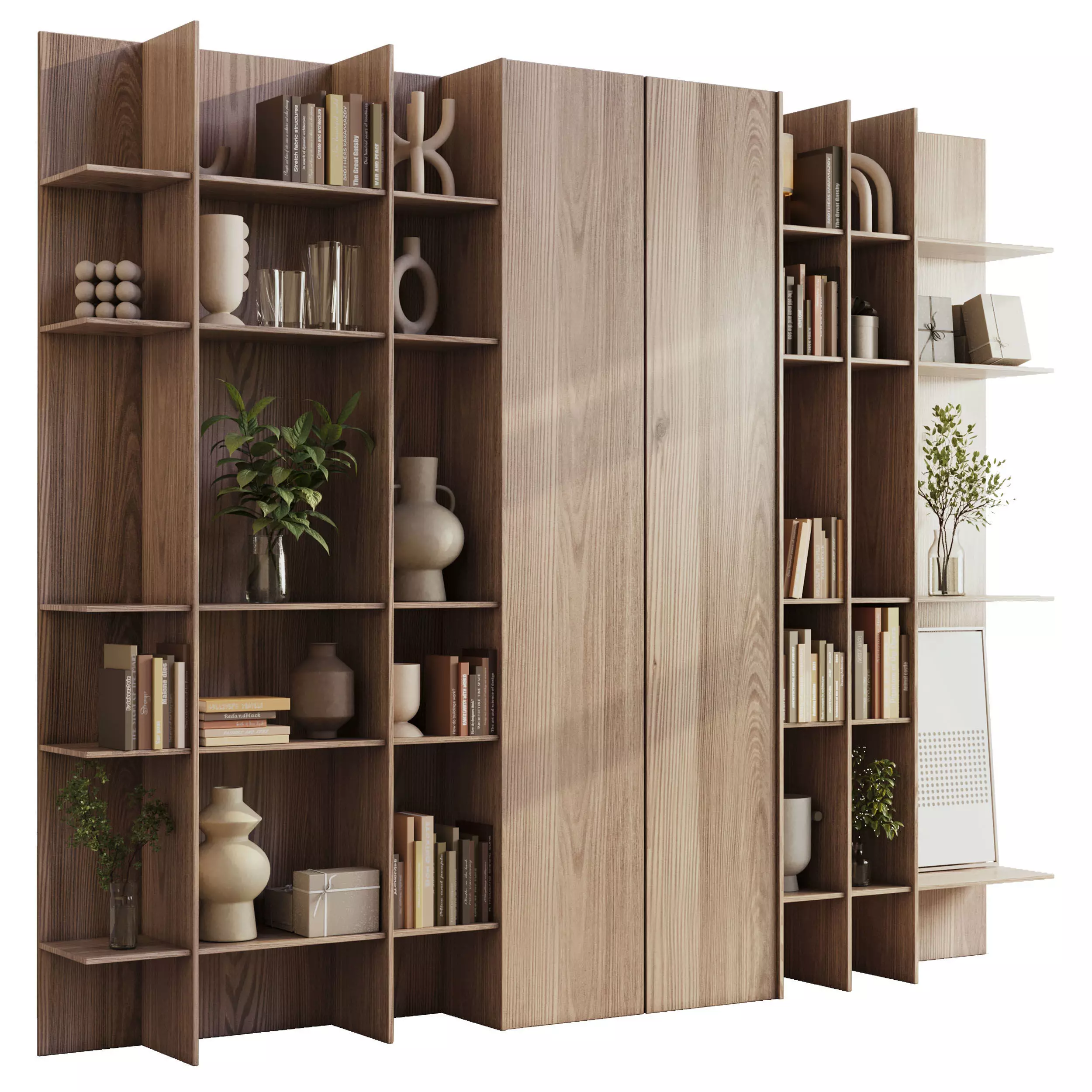 wooden Shelves Decorative With Plants and Book Low-poly 3D model_0