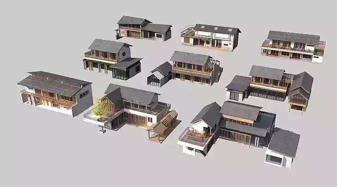 town Chinese style commercial residential buildings 3D model