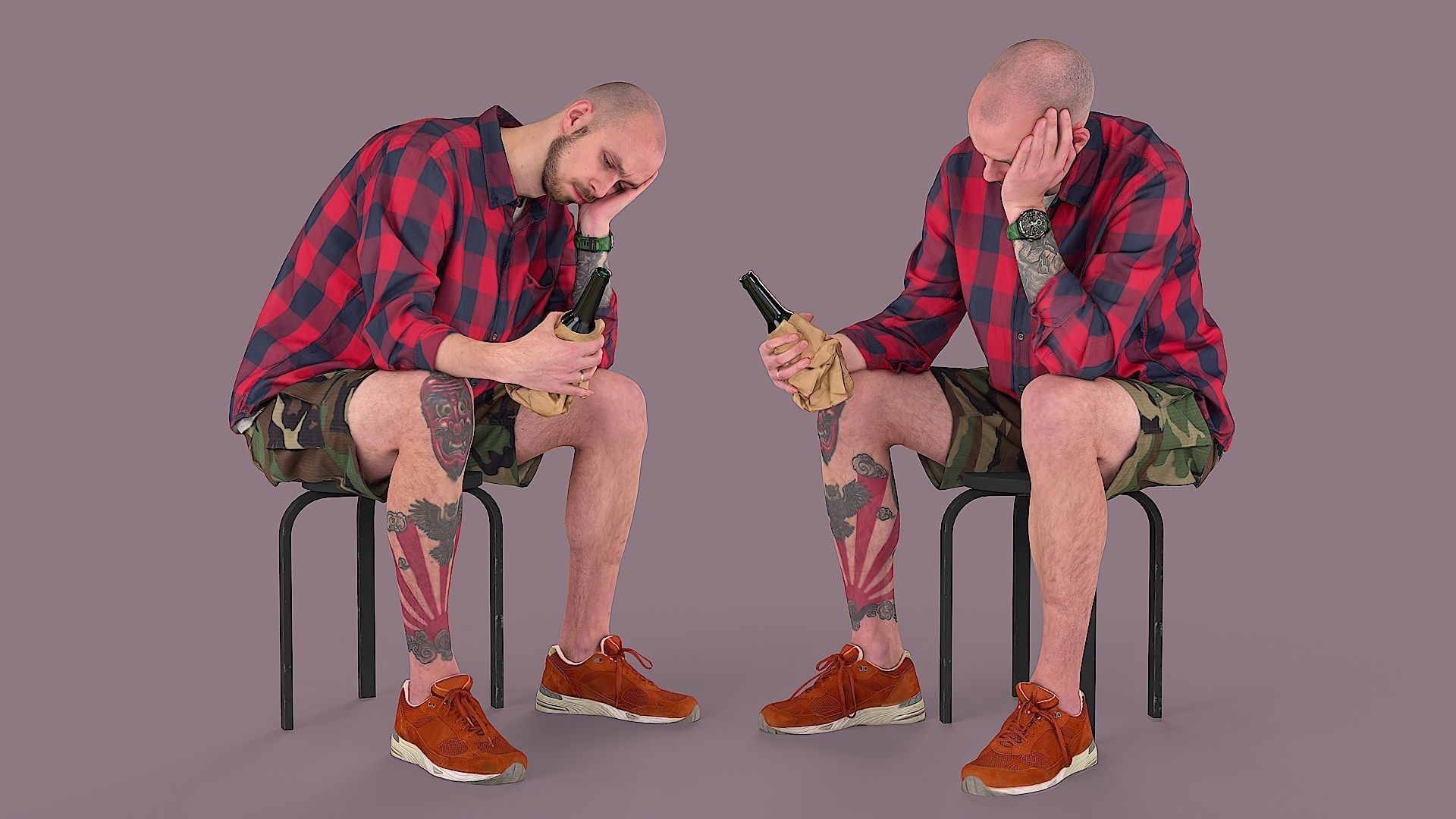 Subdued Revelry Tattooed Man with Concealed Bottle 3D model_1