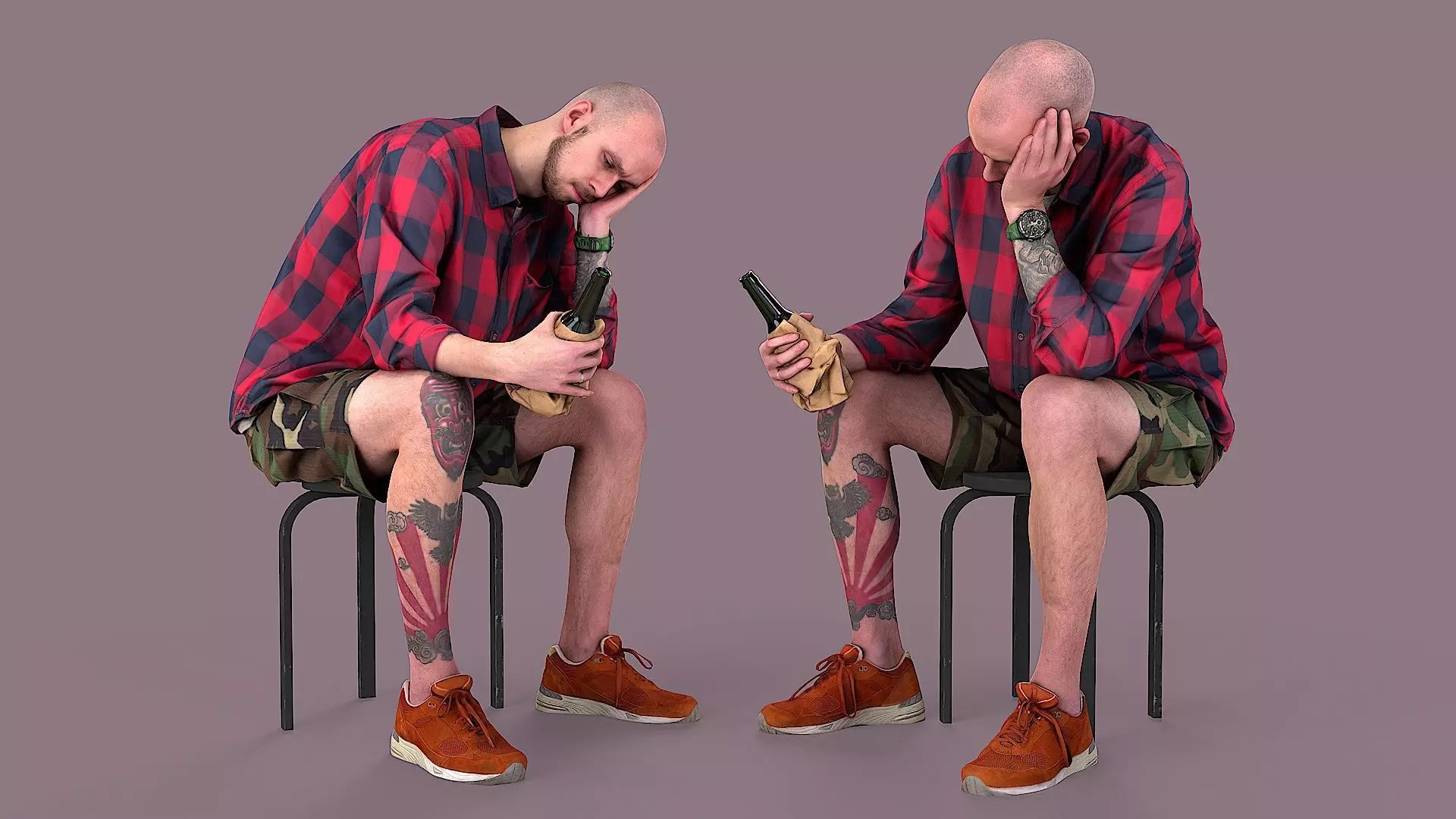Subdued Revelry Tattooed Man with Concealed Bottle 3D model_0