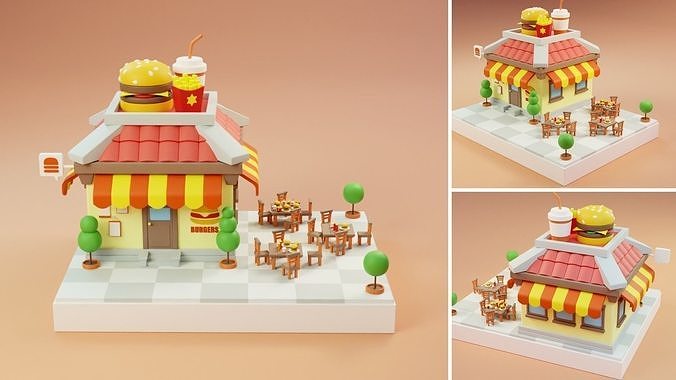 Cartoon Stores Eateries Islands Exteriors Low-poly 3D model 4