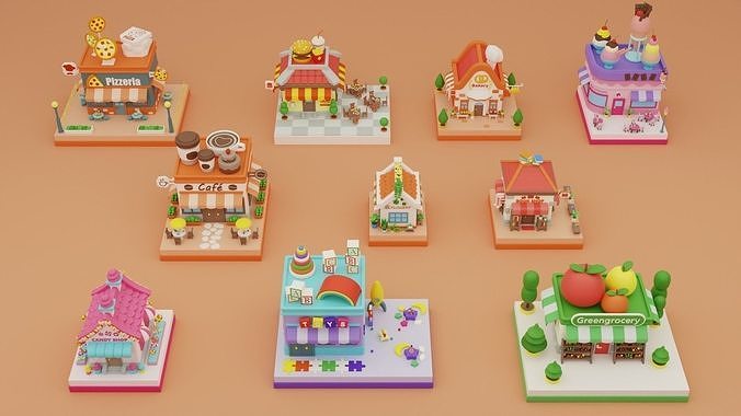 Cartoon Stores Eateries Islands Exteriors Low-poly 3D model 2