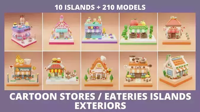 Cartoon Stores Eateries Islands Exteriors Low-poly 3D model
