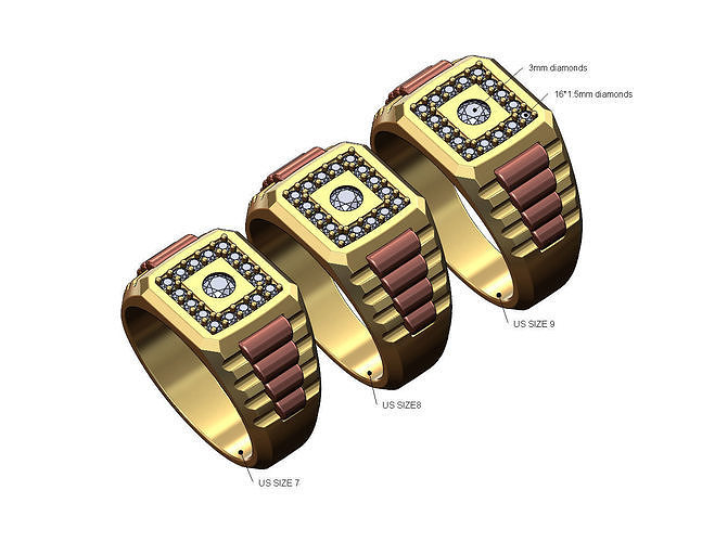 Diamond 3mm bezel presidential link inserts ring US sizes 7 8 9 3D print model