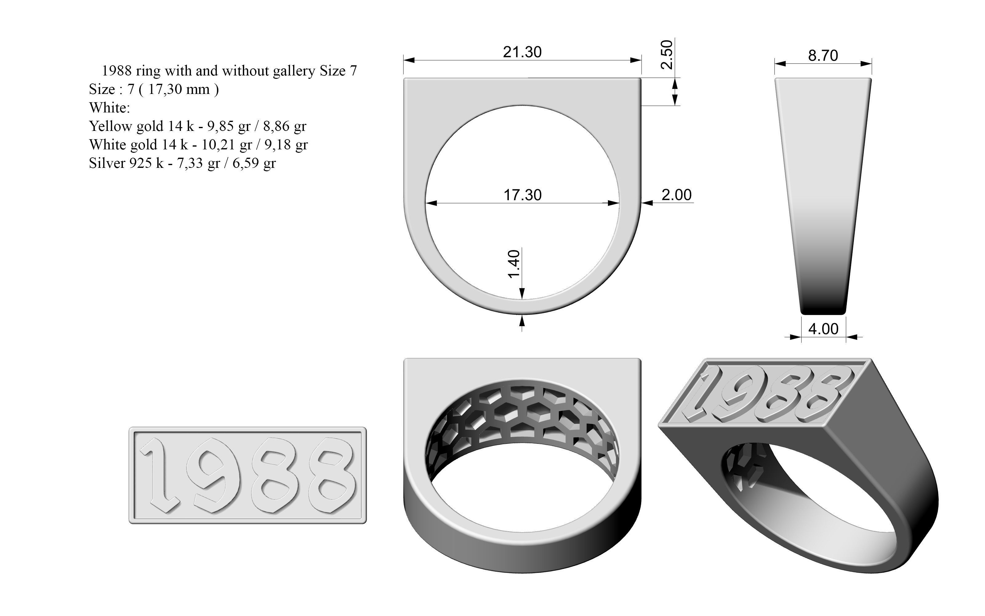 1988 Ring Set with and without gallery Size 5 - 9 US 3D print model_1