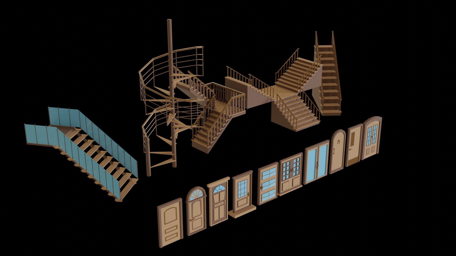 Low poly stairs and doors Low-poly 3D model_4