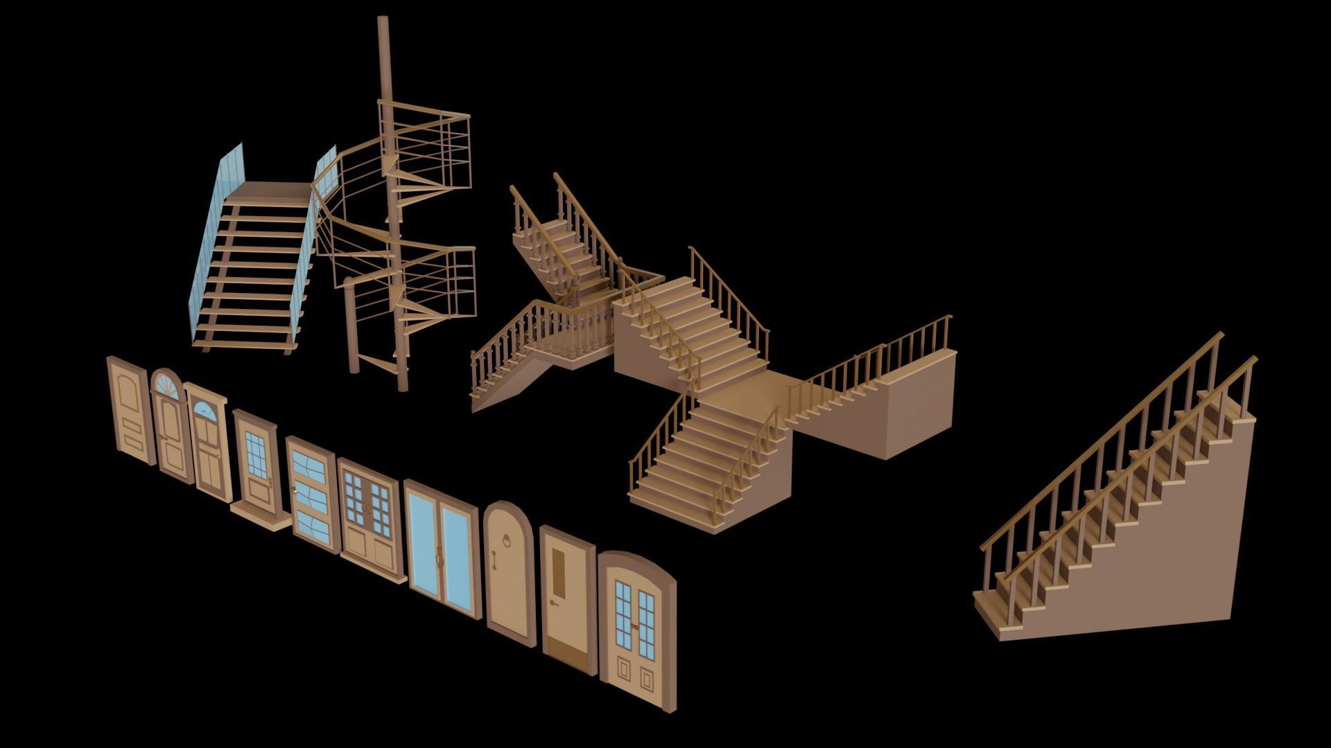 Low poly stairs and doors Low-poly 3D model_5