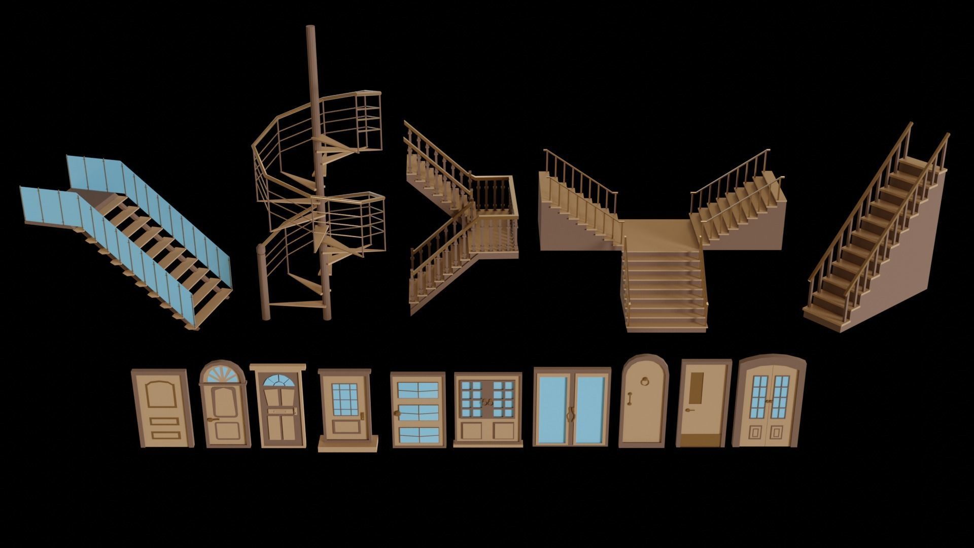 Low poly stairs and doors Low-poly 3D model_3