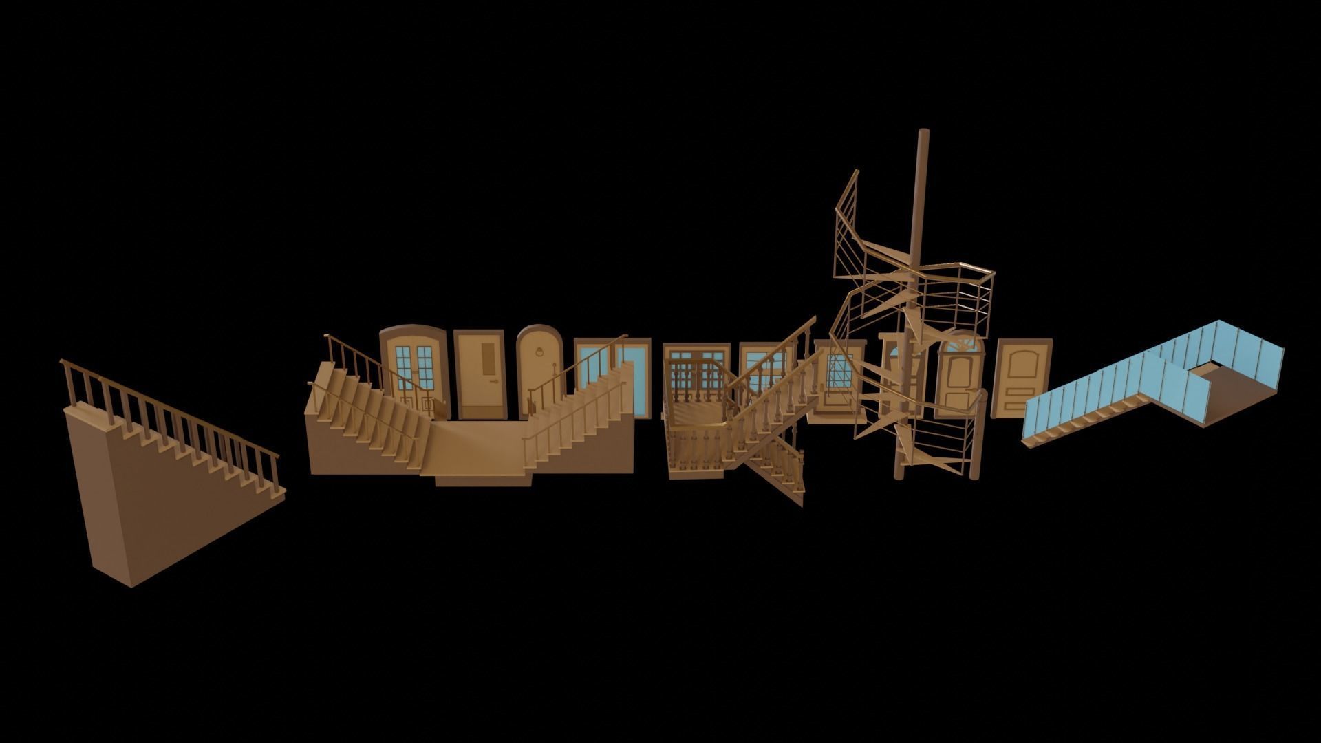 Low poly stairs and doors Low-poly 3D model_2