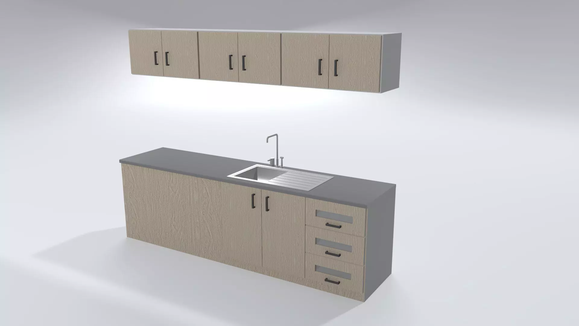 Kitchen Set - Base and Wall Cabinets with Drawers and Sink Low-poly 3D model