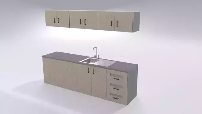 Kitchen Set - Base and Wall Cabinets with Drawers and Sink Low-poly 3D model