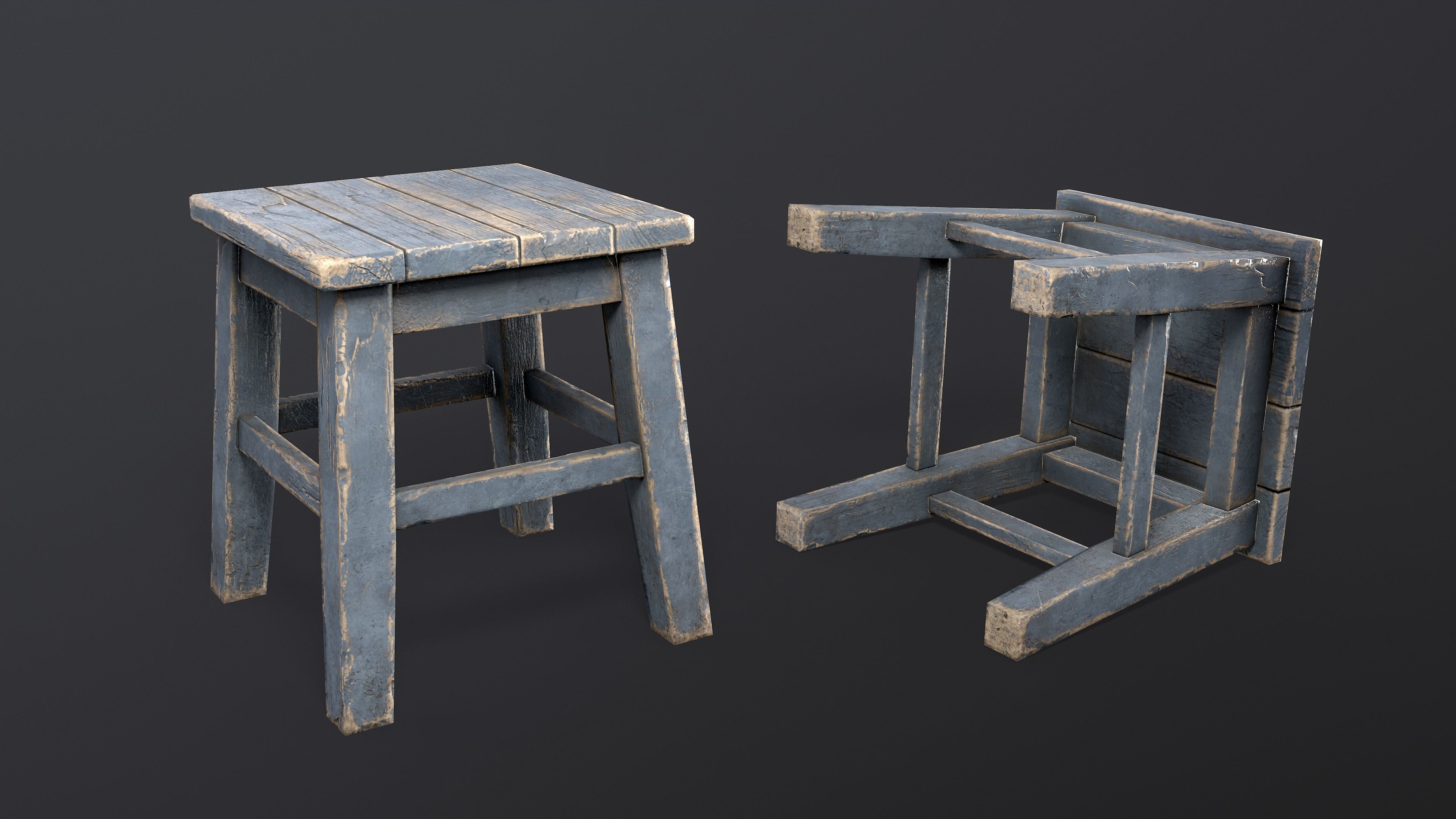Old Wooden Tabouret Stool Low-poly 3D model_1