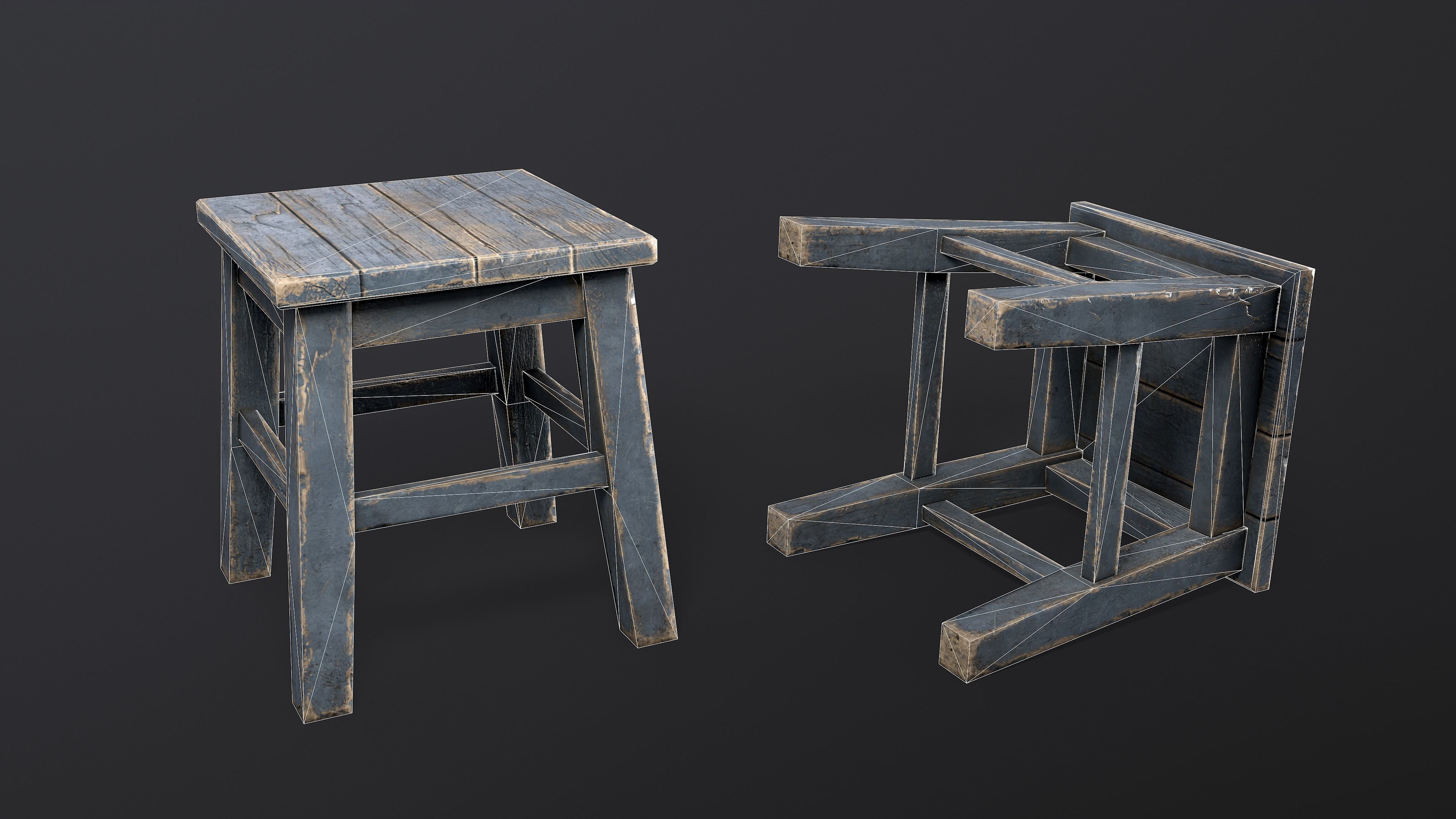 Old Wooden Tabouret Stool Low-poly 3D model_2