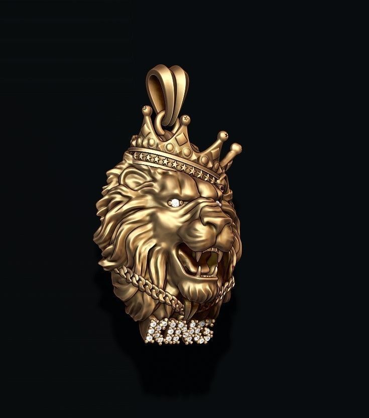 King lion with crown and chain gems pendant v1 3D print model_1