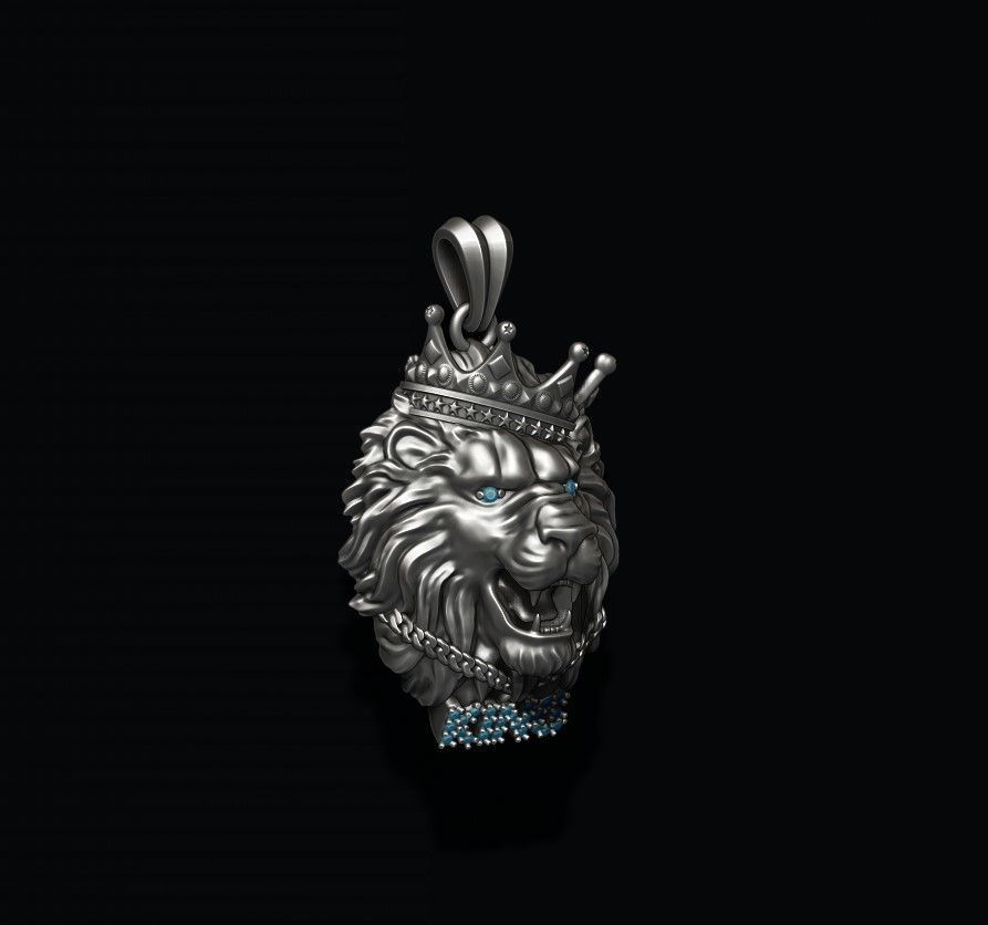 King lion with crown and chain gems pendant v1 3D print model_4