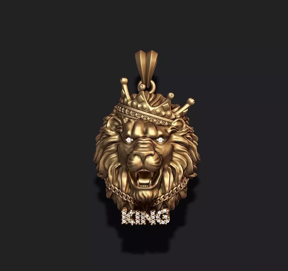 King lion with crown and chain gems pendant v1 3D print model_0