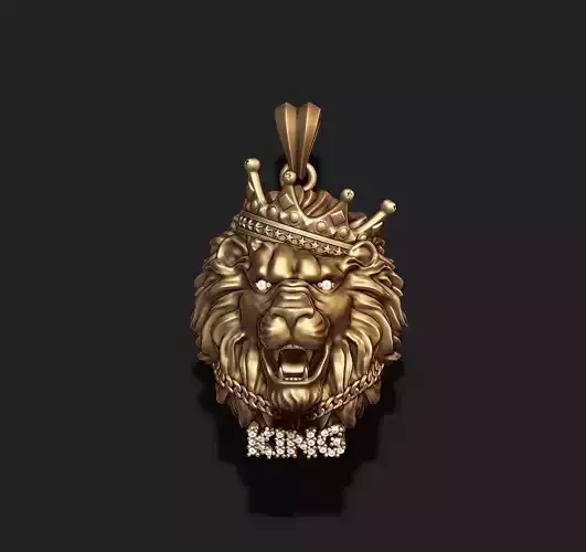 King lion with crown and chain gems pendant v1