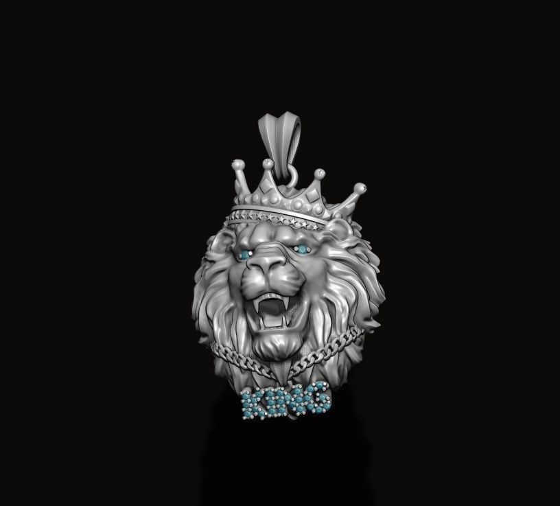 King lion with crown and chain gems pendant v1 3D print model_5