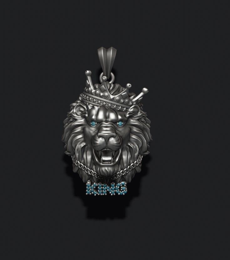 King lion with crown and chain gems pendant v1 3D print model_3
