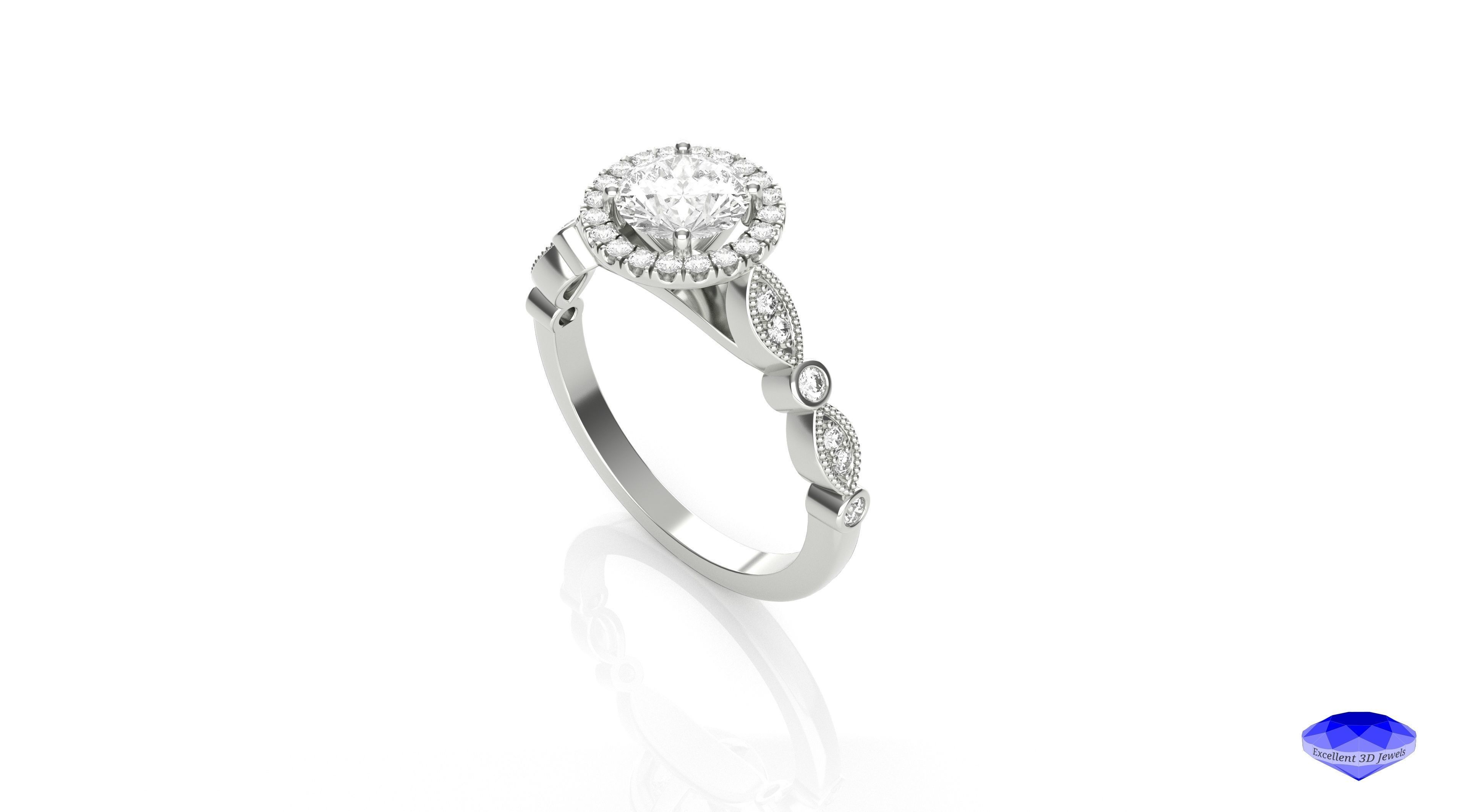 Round Halo Diamond Engagement Ring 3D print model_3