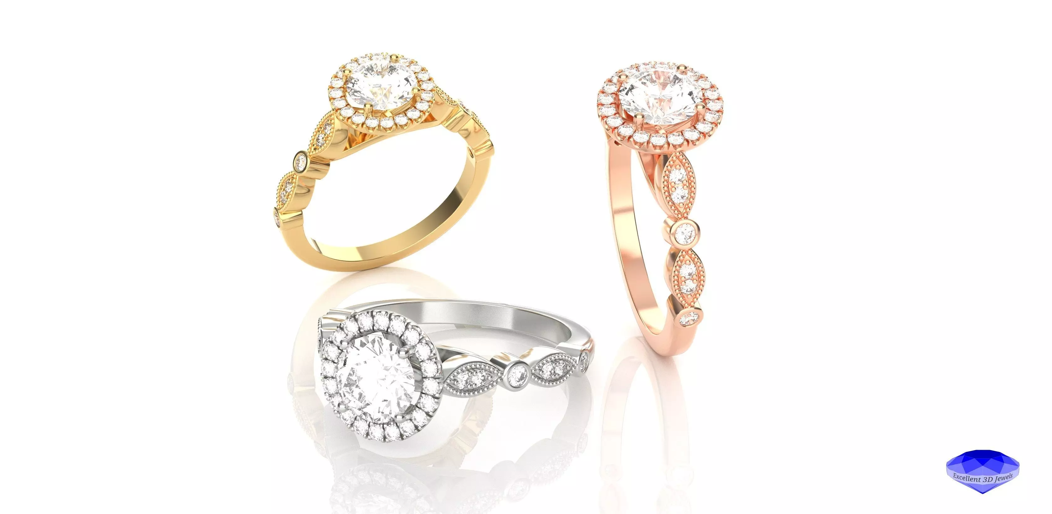 Round Halo Diamond Engagement Ring 3D print model_0