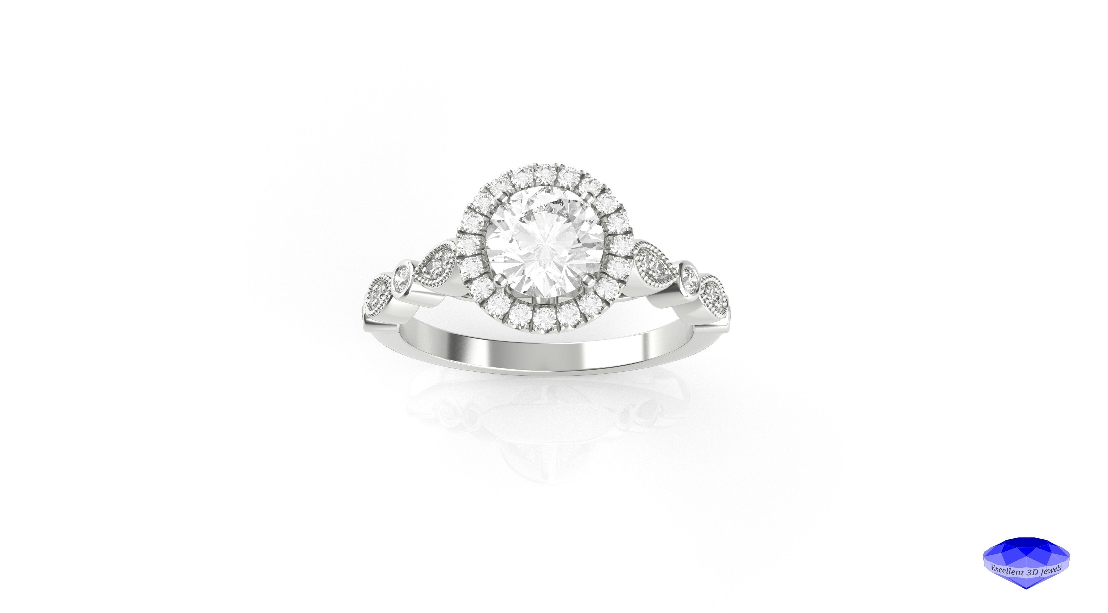 Round Halo Diamond Engagement Ring 3D print model_1