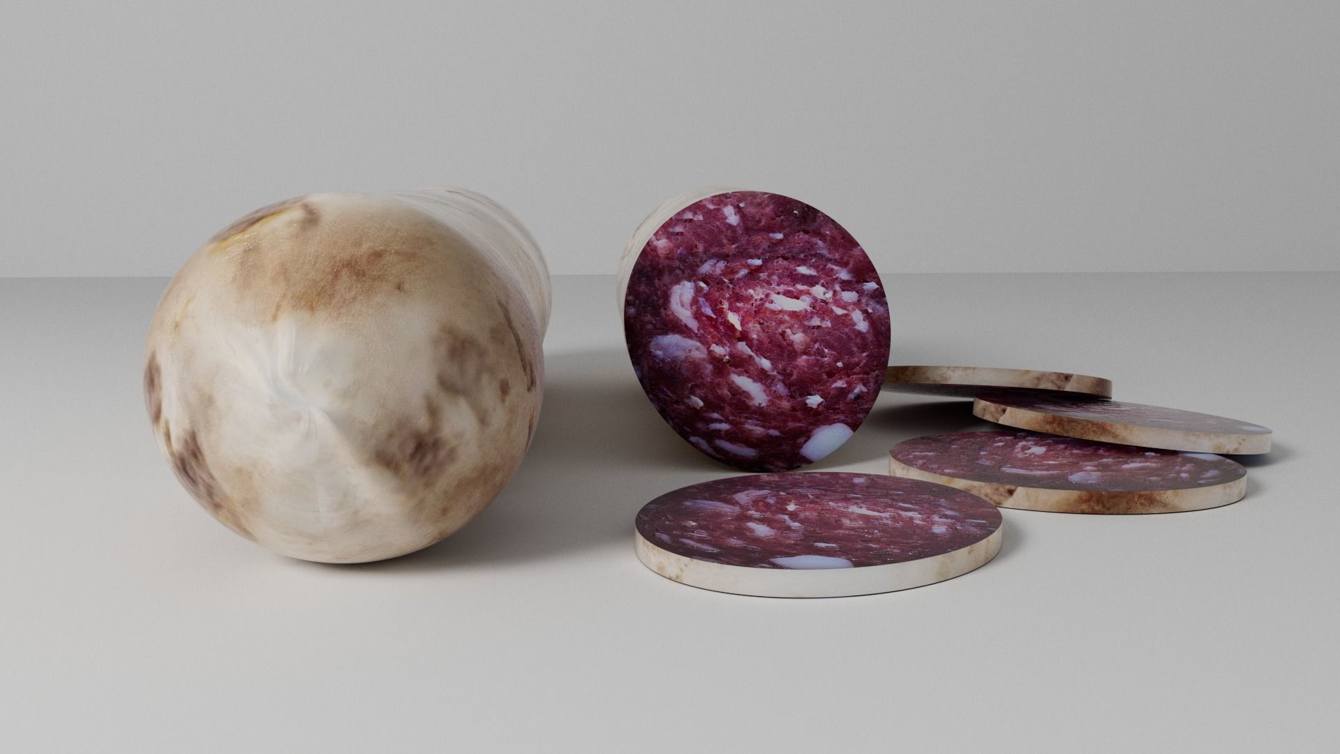 Whole Salami and Sliced Salami with Slices 3D model_2