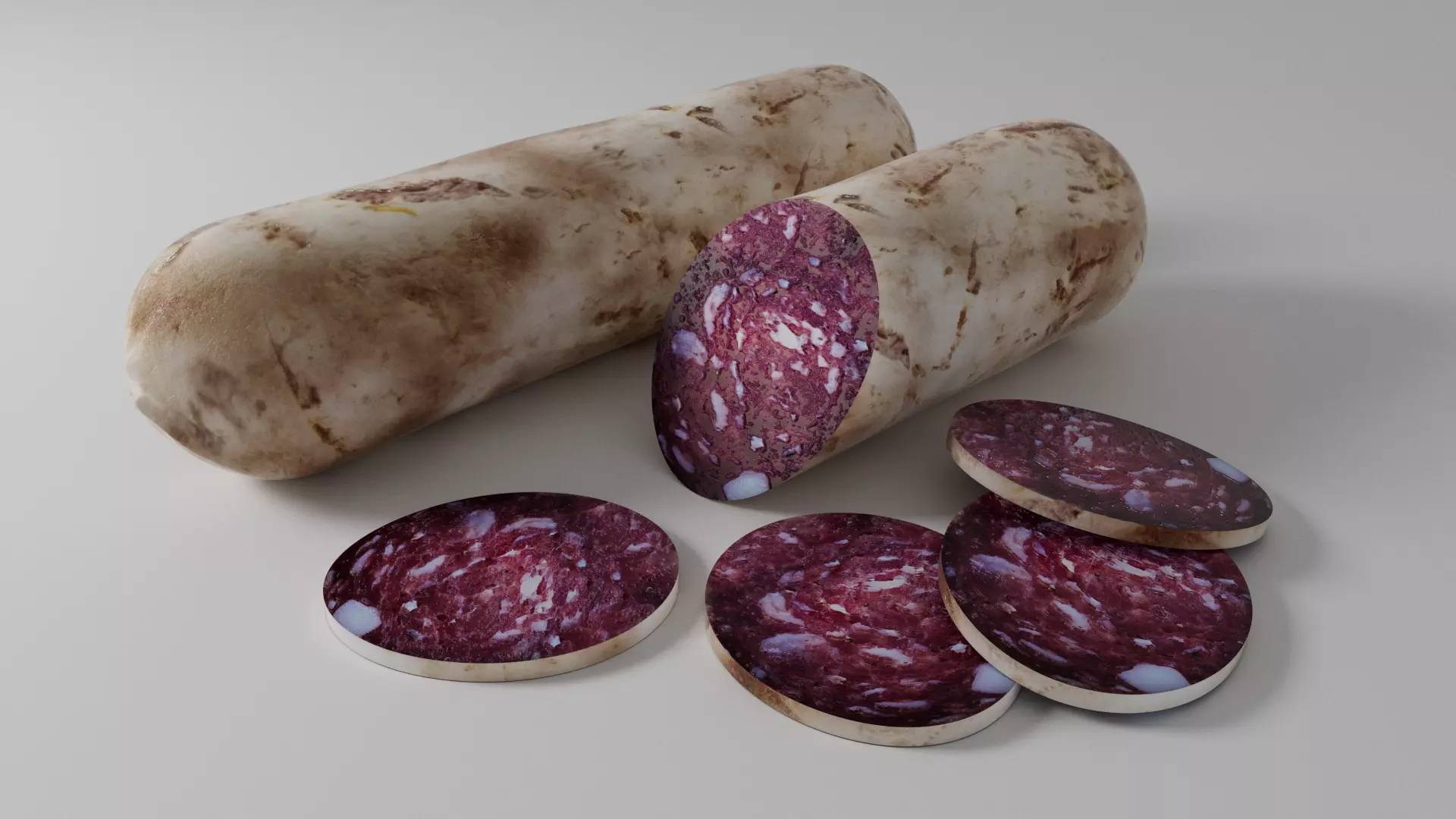 Whole Salami and Sliced Salami with Slices 3D model_0