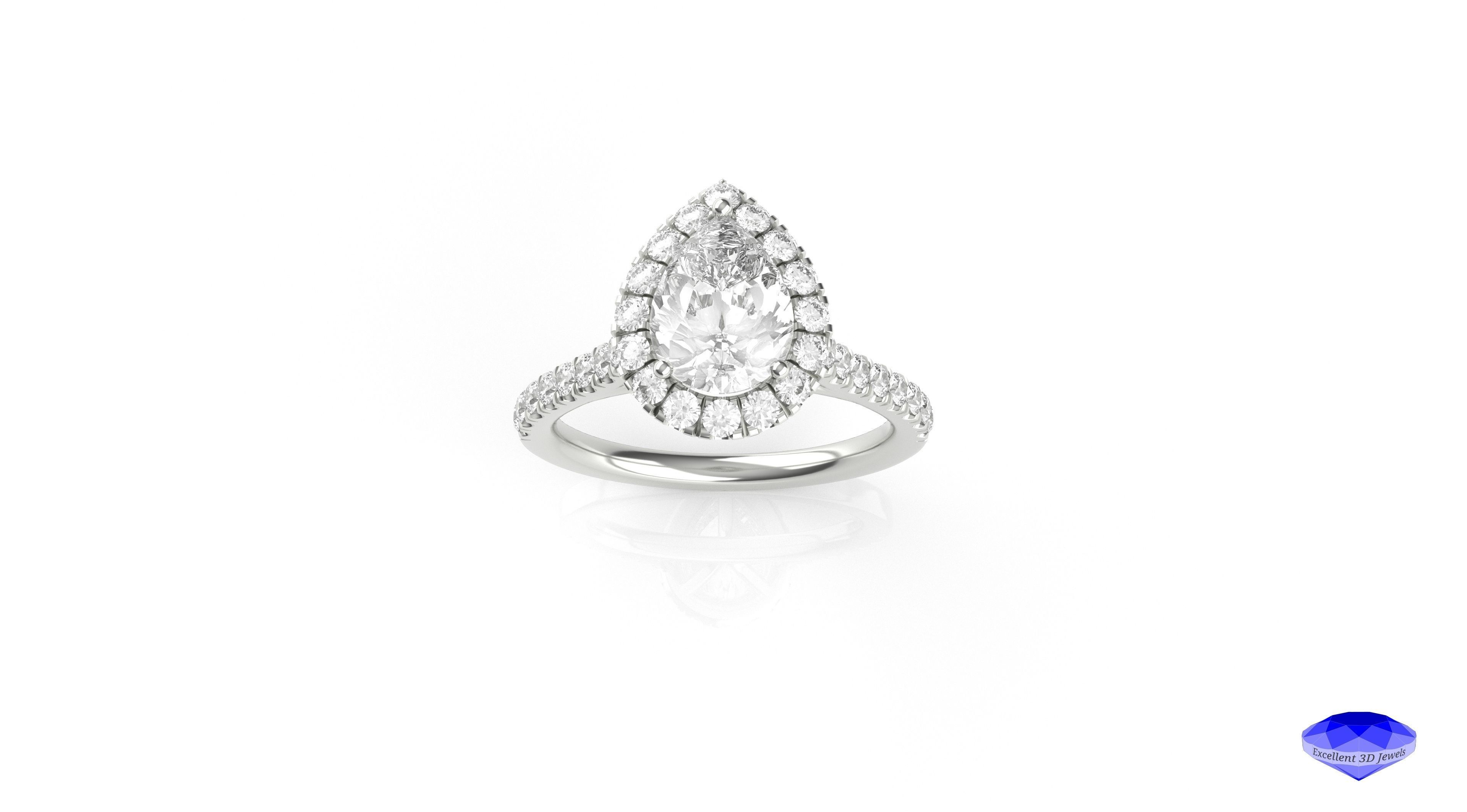 Pear Shape Halo Diamond Ring 3D print model_1