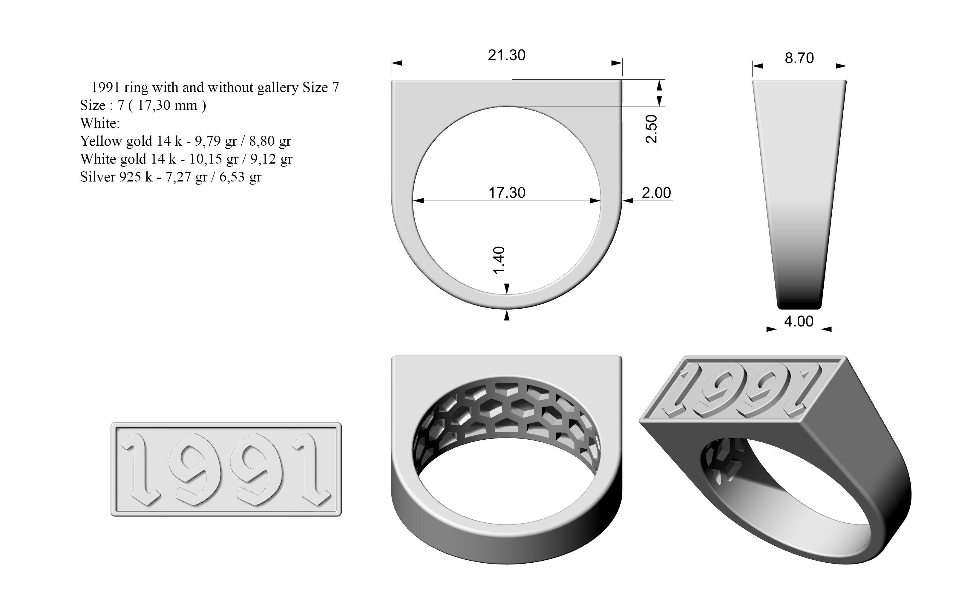1991 Ring Set with and without gallery Size 5 - 9 US 3D print model_1