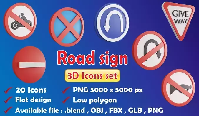 Road sign or Traffic sign 3D icon flat design collection no 2 Low-poly 3D model
