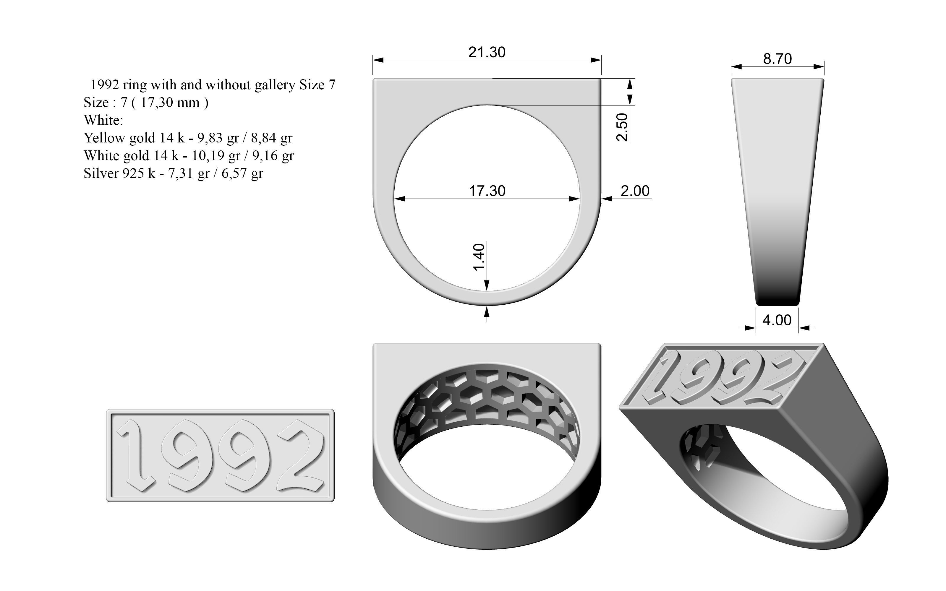 1992 Ring Set with and without gallery Size 5 - 9 US 3D print model_1