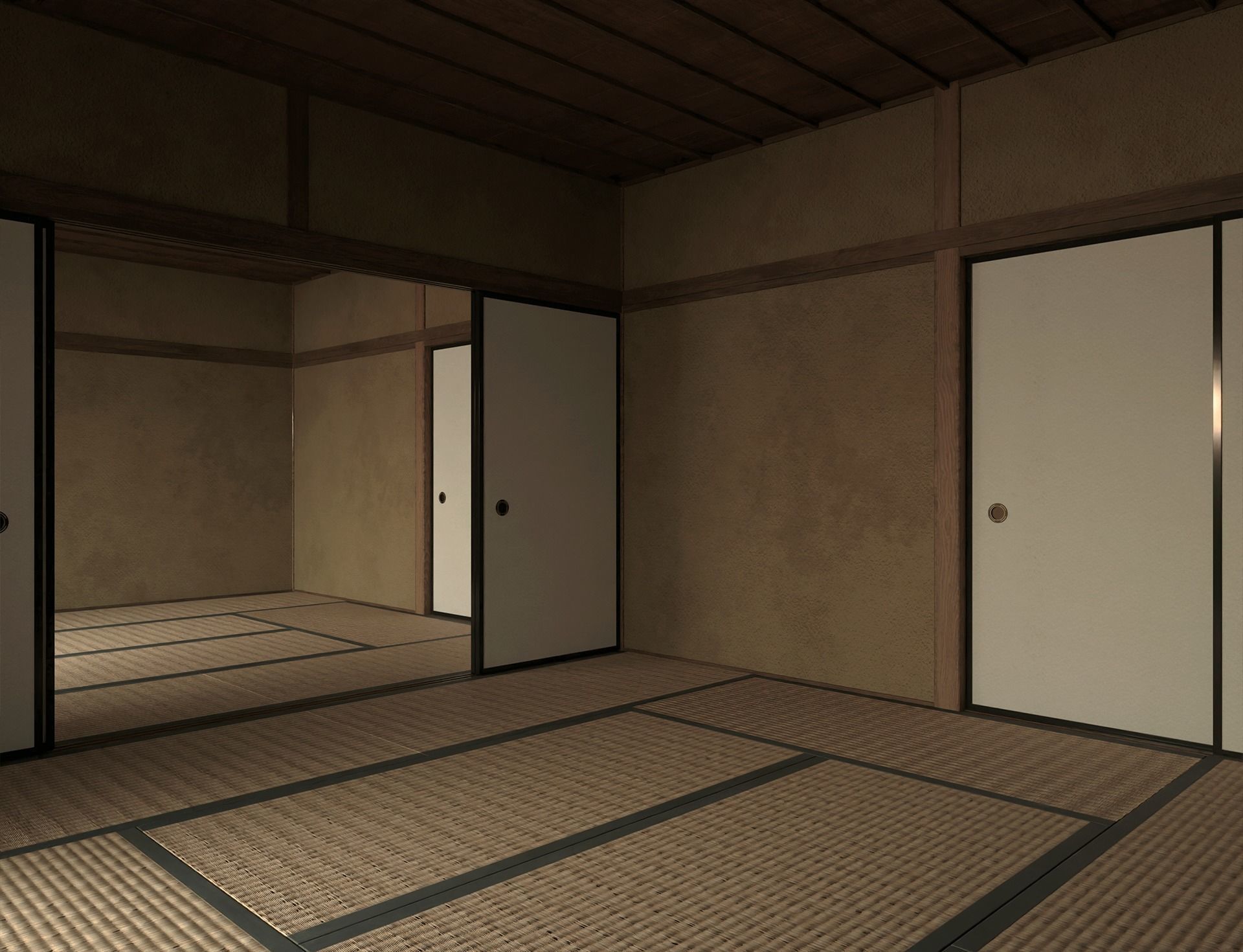 Japanese Old Traditional House Living Room with Courtyard 3D model_5