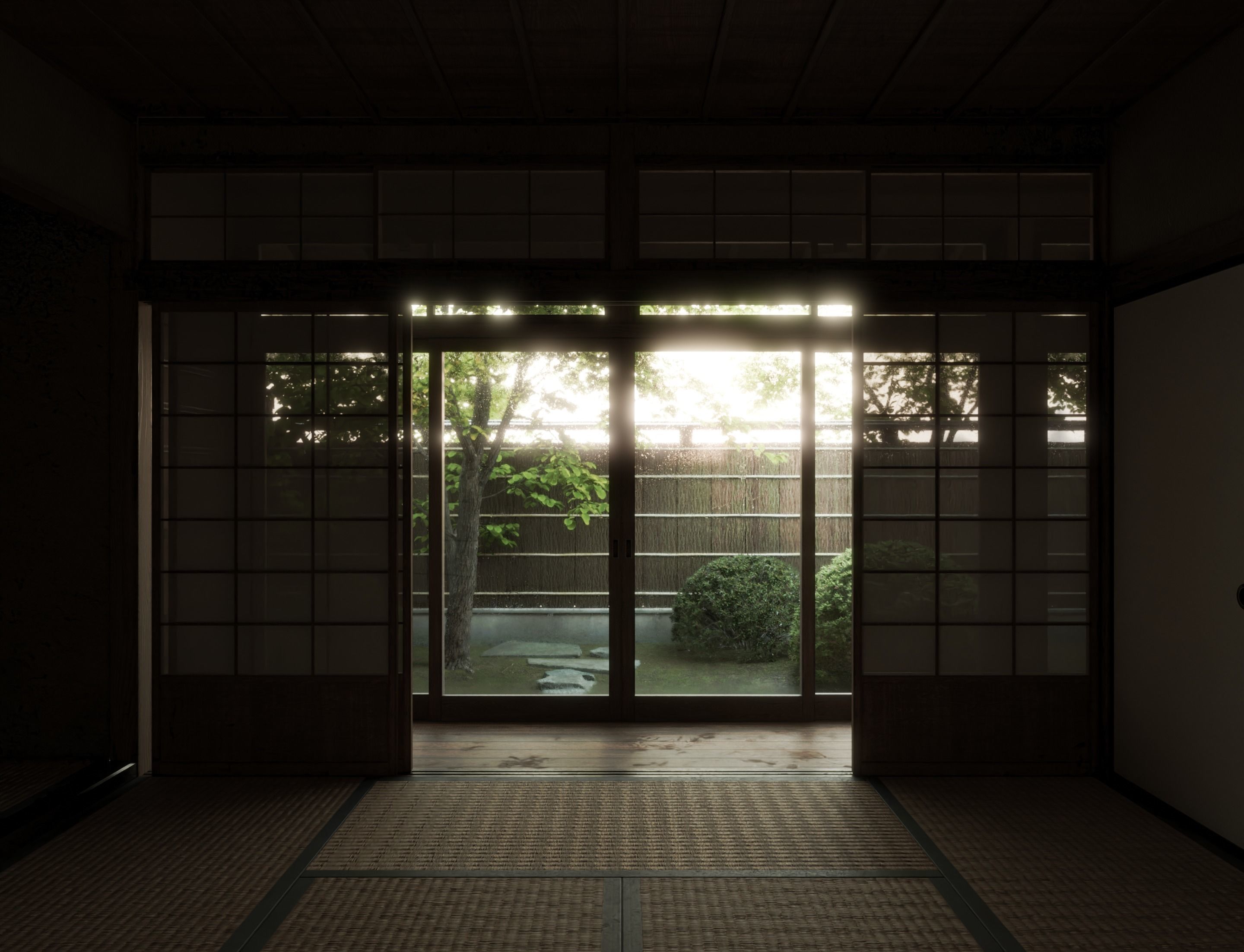 Japanese Old Traditional House Living Room with Courtyard 3D model_2