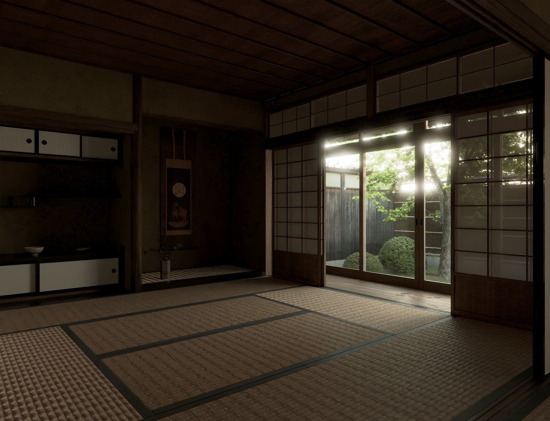 Japanese Old Traditional House Living Room with Courtyard 3D model_1