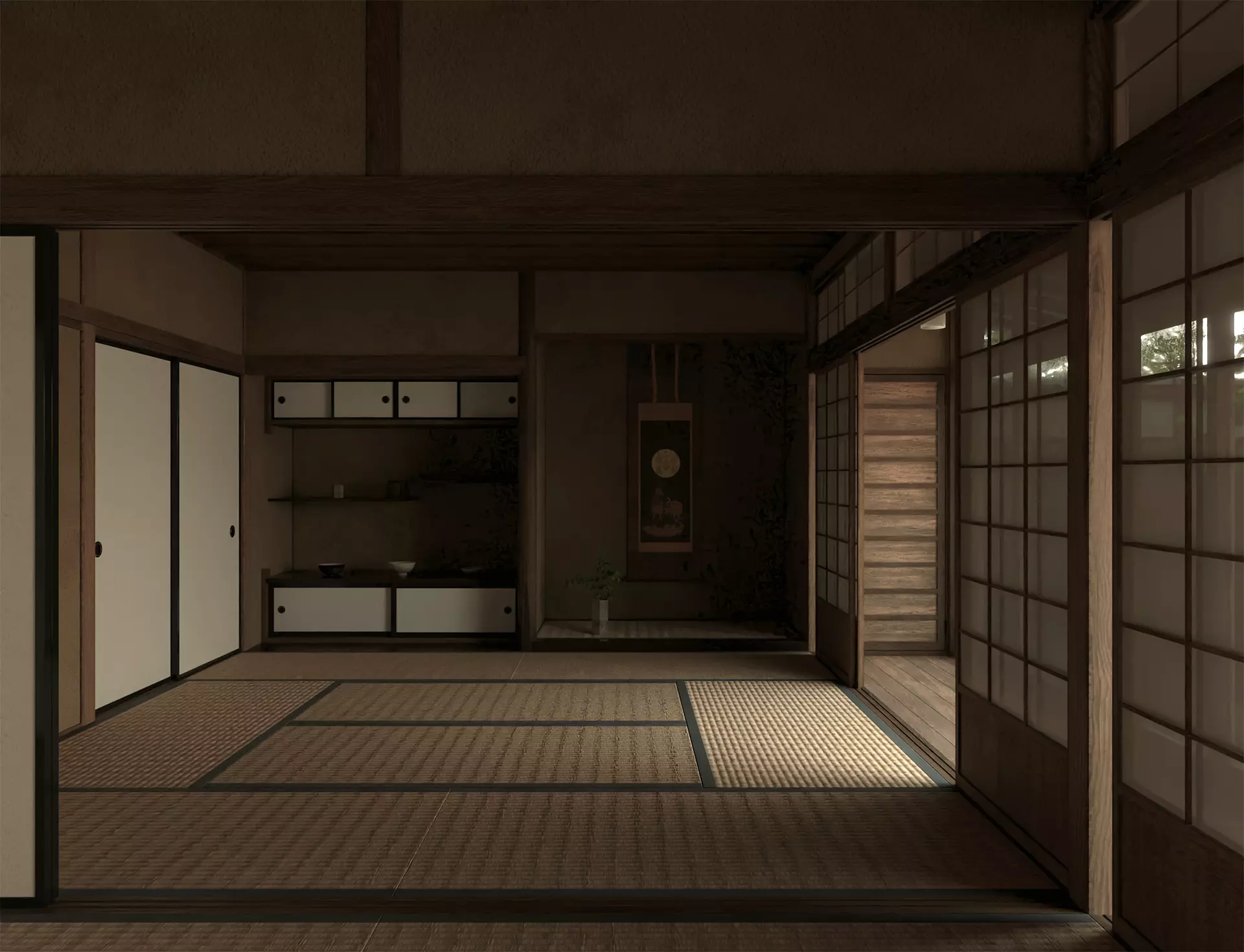 Japanese Old Traditional House Living Room with Courtyard 3D model_0