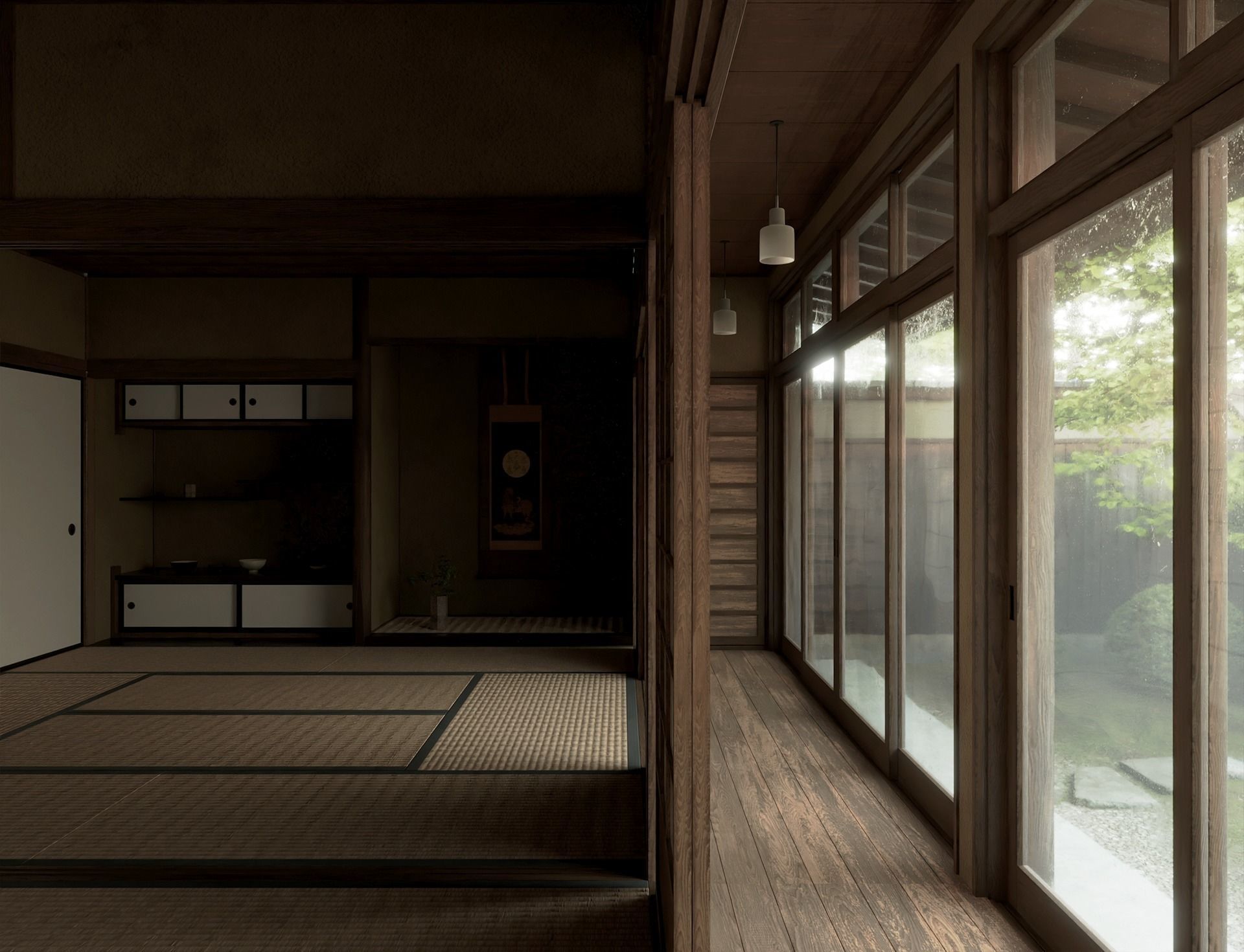 Japanese Old Traditional House Living Room with Courtyard 3D model_3