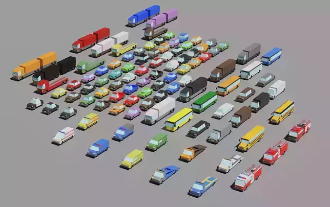 Low-poly 100 cars pack