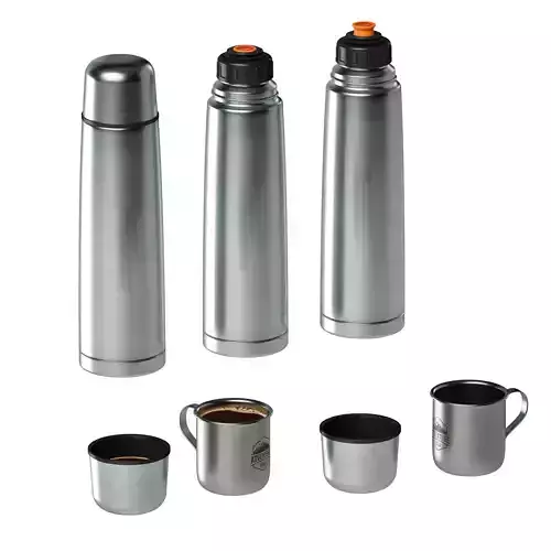Metal thermos and mug with tea or coffee 3D model