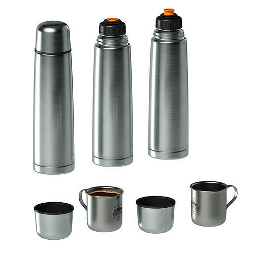 Metal thermos and mug with tea or coffee 3D model 2