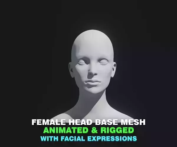 Female Head Base Mesh 3D Model Animated with Facial Expressions Low-poly 3D model