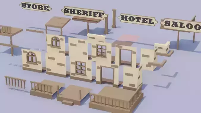 Modular Building Wild West Cowboy Stylized Low Poly 3D Model