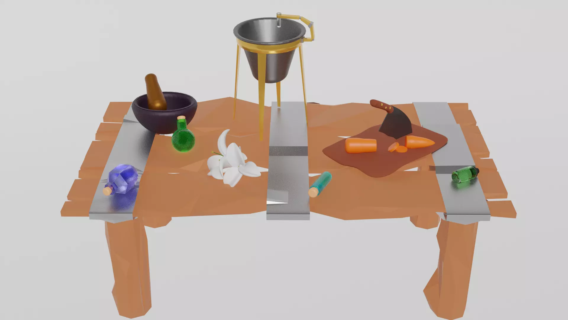 Low Poly Alchemy Table And Character Low-poly 3D model_0